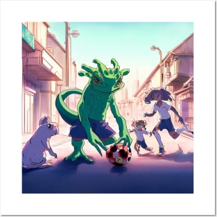 Cartoon anime Chimera Frog playing Football in Japan street Kawaii Posters and Art